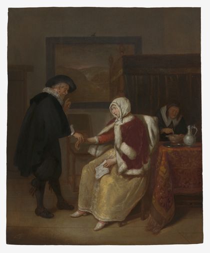 A physician taking the pulse of a young woman, while an old maid prepares gruel for her. Oil painting by Quirin Gerritsz. van Brekelenkam.