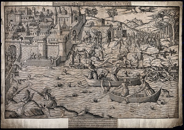 The massacre of Huguenots at Tours: men and women are shot by soldiers, slaughtered with swords or clubbed to death in the water by townsfolk. Woodcut by J. Perrissin, ca. 1570.