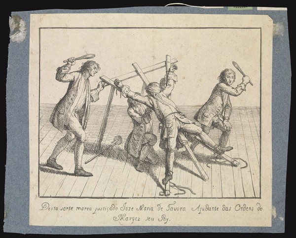 Joze Maria de Távora tied to a rack and beaten with cudgels. Etching, ca. 1760.