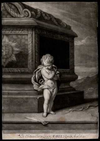 Cupid standing next to a tomb weeping and mourning the death of Queen Mary II. Mezzotint by J. Smith after G. Kneller, ca. 1695.