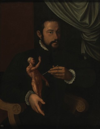 A man holding an écorché statuette. Oil painting.