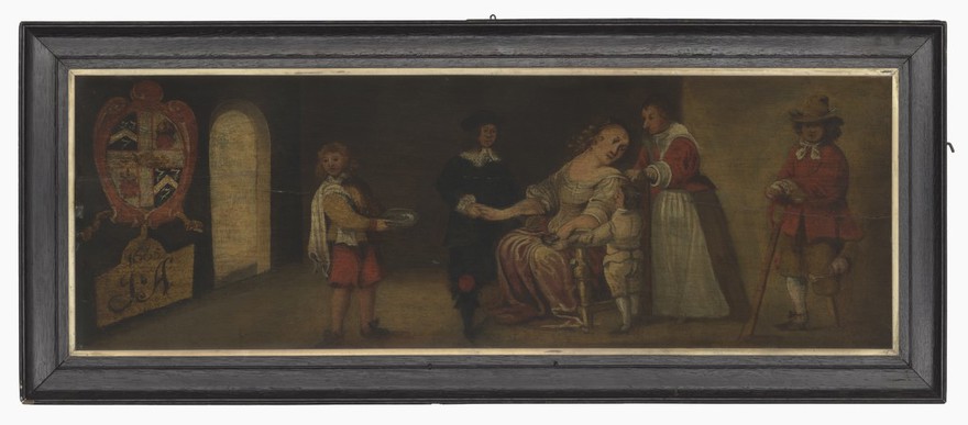 A surgeon letting blood from a woman's arm. Oil painting.