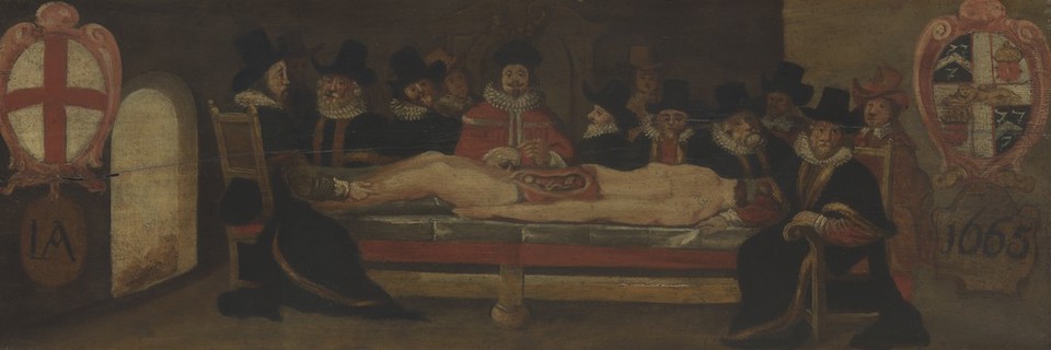 The dissection of a corpse before a company of surgeons (?). Oil painting.