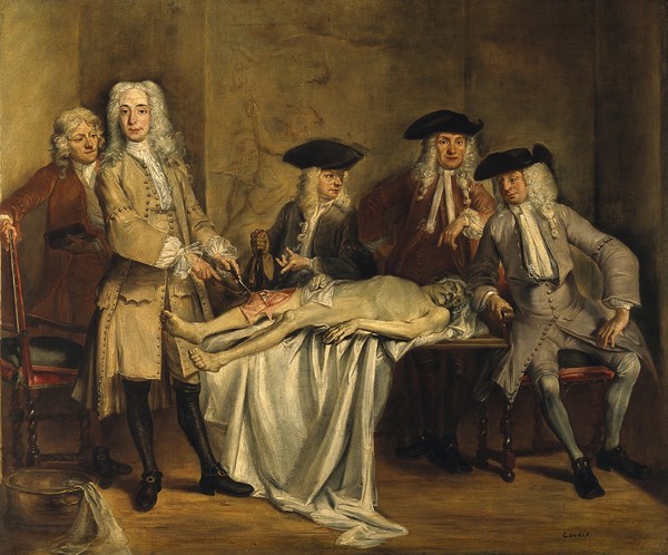 The anatomy of Dr Willem Roell. Oil painting by B. F. Landis, 1909-1910, after Cornelis Troost, 1728.