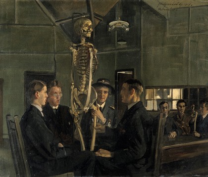 Anatomy lessons at St Dunstan's. Oil painting by J.H. Lobley, 1919.