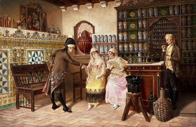 A medical practitioner taking a lady's pulse in a pharmacy. Oil painting by Emili Casals i Camps, ca. 1882.