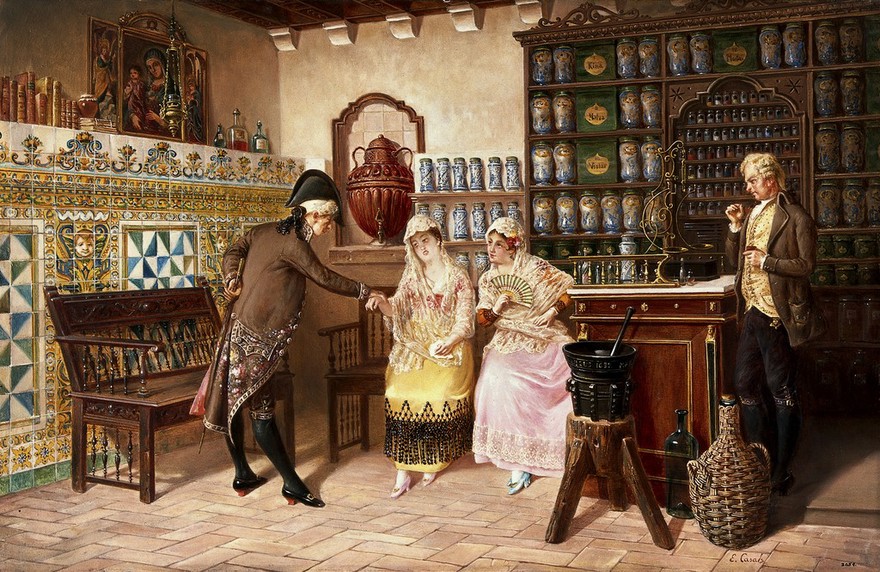 A medical practitioner taking a lady's pulse in a pharmacy. Oil painting by Emili Casals i Camps, ca. 1882.