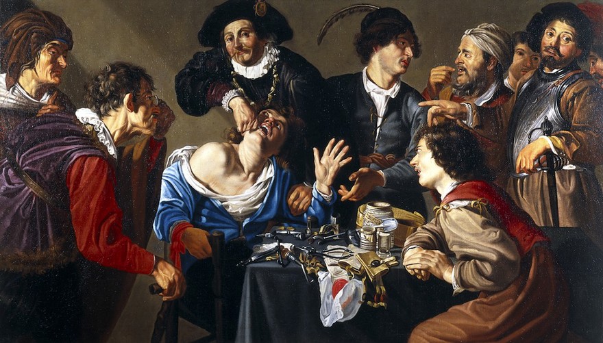 A troupe of travelling performers including a toothdrawer. Oil painting, 16--, after Theodor Rombouts.