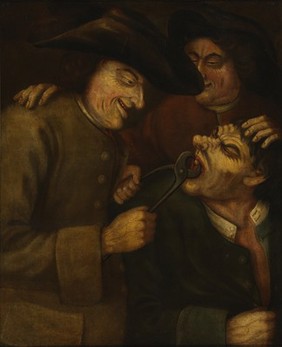 A blacksmith extracting a tooth. Oil painting in the manner of John Collier, known as "Tim Bobbin".