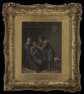 A surgeon treating the teeth of a seated man. Oil painting after David Teniers the younger.