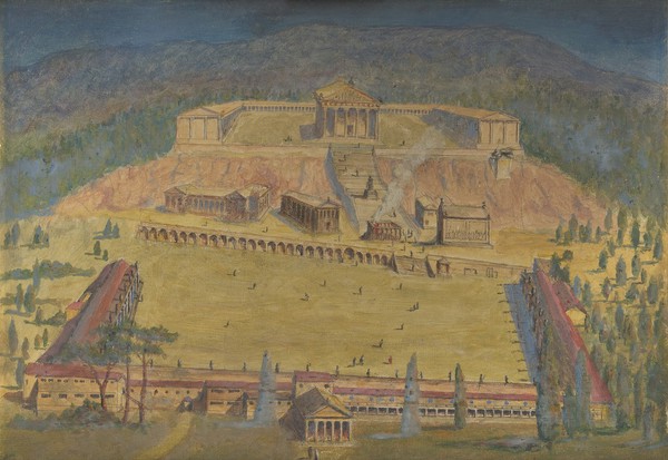 Temple of Aesculapius at Cos, with a key to the buildings and a fragment of the Stoa. Oil painting by R. Caton, ca. 1906.