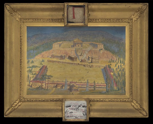 Temple of Aesculapius at Cos, with a key to the buildings and a fragment of the Stoa. Oil painting by R. Caton, ca. 1906.