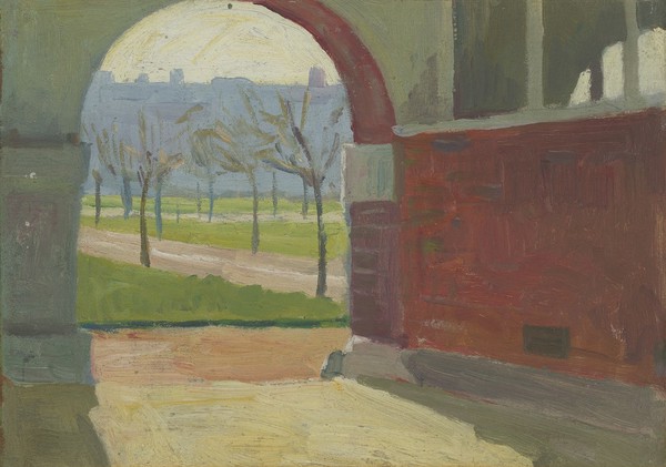 Royal Naval Hospital, Haslar: view through an arch into gardens. Oil painting by Godfrey Jervis Gordon ("Jan Gordon").