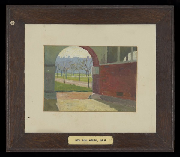 Royal Naval Hospital, Haslar: view through an arch into gardens. Oil painting by Godfrey Jervis Gordon ("Jan Gordon").