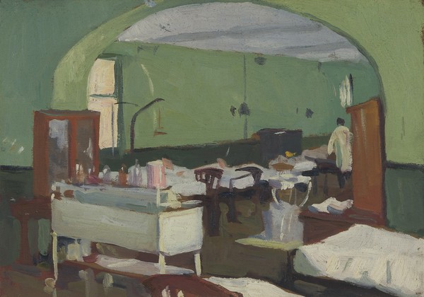 Royal Naval Hospital, Haslar: surgical ward. Oil painting by Godfrey Jervis Gordon ("Jan Gordon").