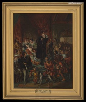 The birth of Henri IV at the castle of Pau. Oil painting after Eugène-François-Marie-Joseph Devéria.