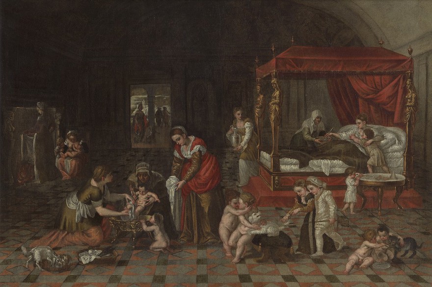 The birth of a baby. Oil painting after (?) Lambert Sustris.