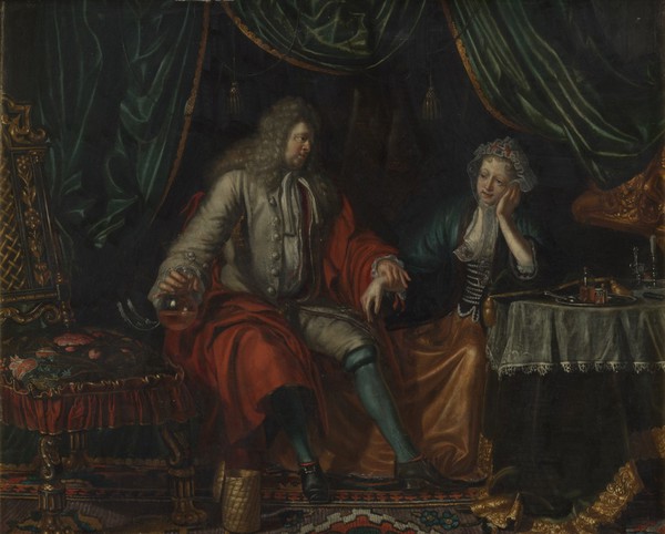 A physician feeling the pulse of a seated woman patient. Oil painting by Matthijs Naiveu.