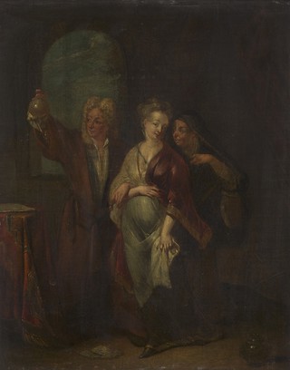 A physician examining the urine of a pregnant girl. Oil painting attributed to a Netherlandish painter, 18th century.