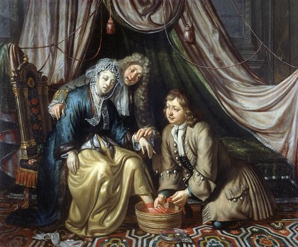 A physician and a surgeon attending to a woman patient. Oil painting by Matthijs Naiveu.
