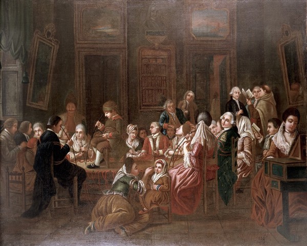 Mesmeric therapy. Oil painting by a French (?) painter, 1778/1784.