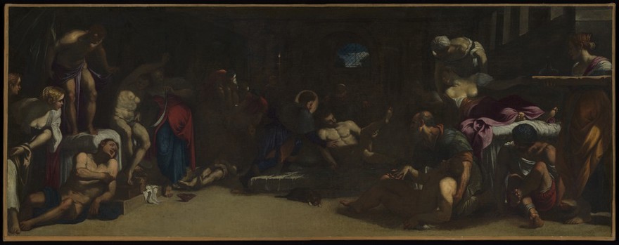 Saint Roch attending the plague-victims in a lazaretto. Oil painting after Jacopo Robusti, il Tintoretto.