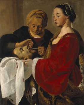 Herodias mutilating the severed head of Saint John the Baptist held by Salome. Oil painting attributed to Pieter de Grebber.