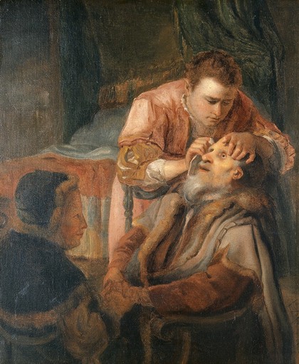 Tobias curing the blindness of Tobit, with Anna. Oil painting after G.W. Horst.