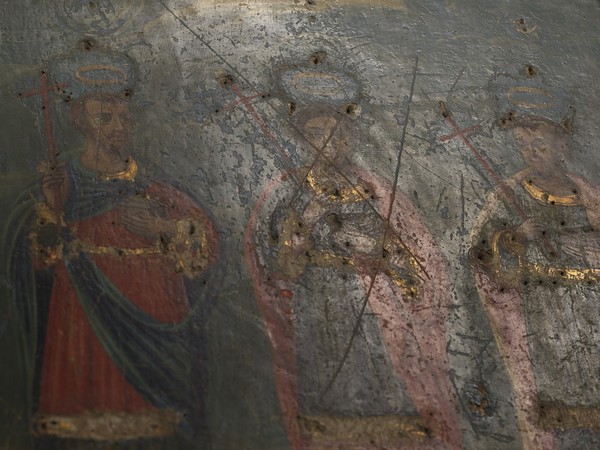Saint Cosmas, Saint Panteleimon, and Saint Damian. Oil painting.