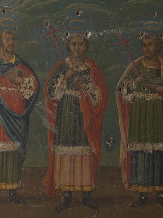 Saint Cosmas, Saint Panteleimon, and Saint Damian. Oil painting.