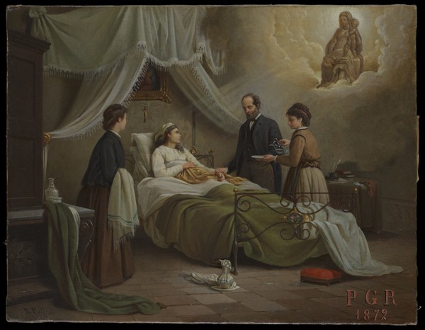 A woman in bed in a sick-room, attended by a physician, receiving the blessing of the Madonna del Parto. Oil painting by R. Pistoni, 1872.