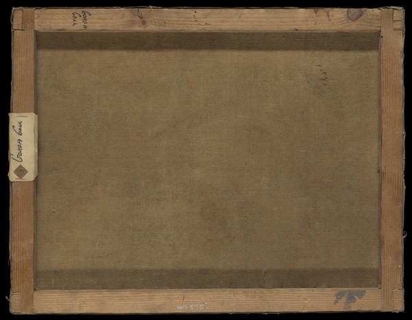 A woman in bed in a sick-room, attended by a physician, receiving the blessing of the Madonna del Parto. Oil painting by R. Pistoni, 1872.