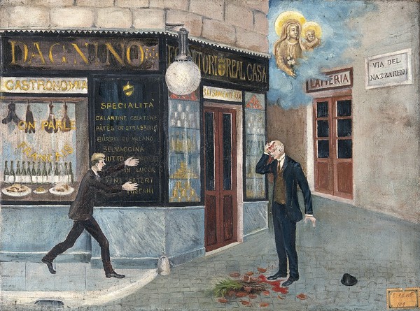 A man being hit on the head by a falling flower-pot in Rome, Via del Nazzareno. Oil painting, ca. 1890.