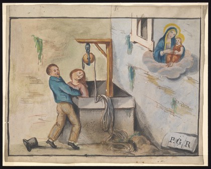 A woman who has fallen down a well being rescued by a man praying to Sansovino's Virgin and Child. Watercolour.