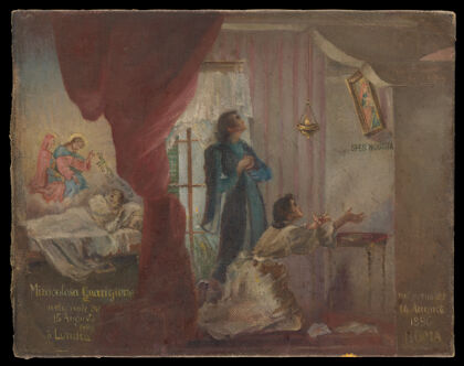 Cure at London following prayer at Rome. Oil painting by an Italian painter, 1896.