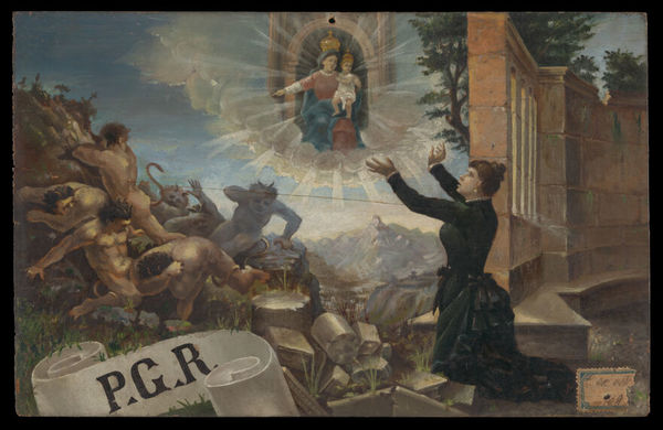 A woman expressing thanks to the Madonna del Parto for cure of insanity in the form of expelled devils. Oil painting.