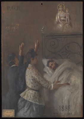 Two women attending a man in bed and appealing to Sansovino's Virgin and Child. Oil painting by an Italian painter, 1888.