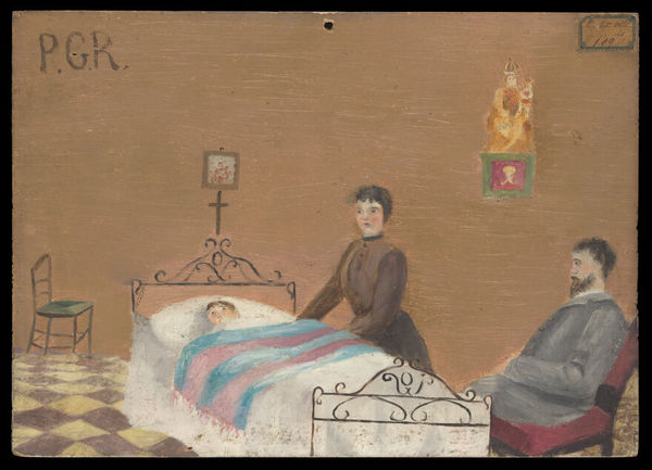 A child in bed, its parents praying to the Madonna del Parto. Oil painting.