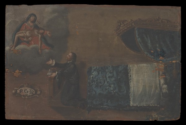 A man, having recovered from sickness, gives thanks to the Virgin of the Seven Sorrows. Oil painting by an Italian painter.