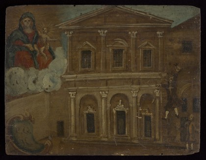 A man falling from the upper storey of a building into a courtyard. Oil painting by an Italian painter.