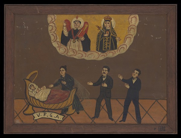 Two men and a woman praying for the health of a child. Oil painting by an Italian painter, c.1890.