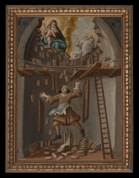 A builder falling from a platform in an apse, St Bruno (?) interceding with the Virgin and Child. Oil painting by an Italian painter, 18th or 19th century.