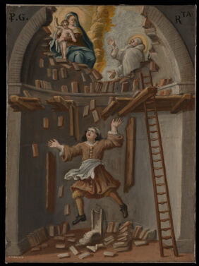 A builder falling from a platform in an apse, St Bruno (?) interceding with the Virgin and Child. Oil painting by an Italian painter, 18th or 19th century.