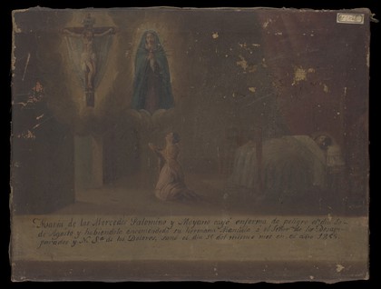 Maria de las Mercedes Palomino y Moyano being cured by the prayers of her sister Manuela, 15 August 1855. Oil painting by a Spanish painter, c.1855.