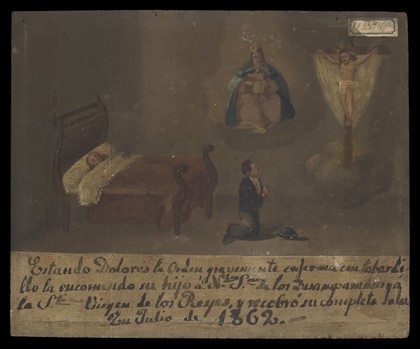 Dolores la Orden, sick with a burning fever, is commended by her son to Christ and the Virgin, July 1862. Oil painting by a Spanish painter, c. 1862.