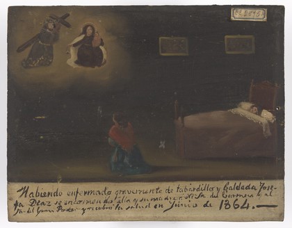 Josefa Diaz, and her mother praying for cure of fever and lameness, June 1864. Oil painting by a Catalan (?) painter.