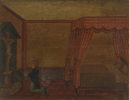 A man praying to Christ for the health of a person in bed. Oil painting, bears date 1818.