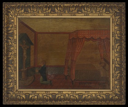 A man praying to Christ for the health of a person in bed. Oil painting, bears date 1818.