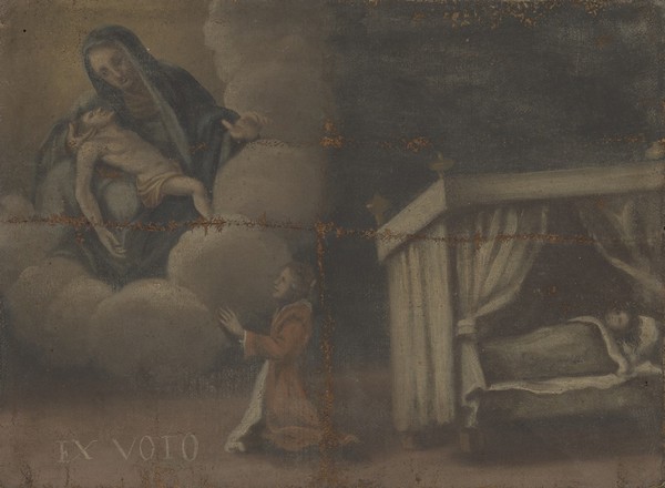 A person praying to the Virgin for the recovery of a child who is lying sick in bed. Oil painting, 17--.