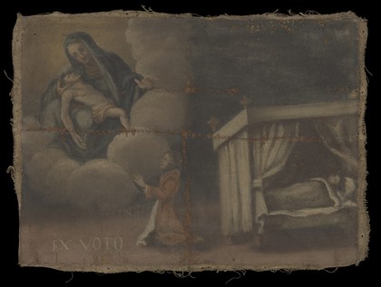 A person praying to the Virgin for the recovery of a child who is lying sick in bed. Oil painting, 17--.